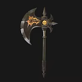Ornate Battle Axe Weapon With Flame Pattern Circular Symbol And Long Handle