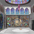 Unique Garden Decor Setup With Large Clock Gear Decorations And Stained Glass 3d model