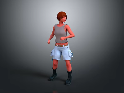 Kid With Red Hair Gray Tank Top Light Blue Shorts Brown Belt Black Boots Standing 3d model