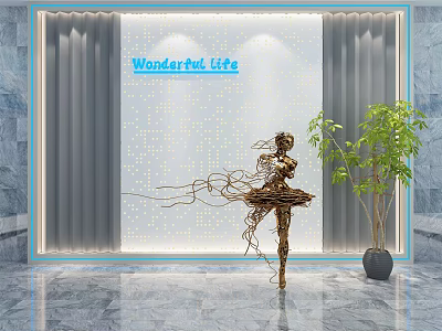 Modern White Background Wall With Wonderful Life Text Gray Borders Golden Sculpture And Green Plant 3d model