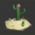 Green Cactus with Pink Flower on Sandy Ground Surrounded by Small Cacti