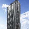 Modern High Rise Residential Building With Glass Windows And Balconies Against Clear Blue Sky