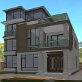 Modern Detached Villa Exterior With Large Glass Windows Balcony Pillars And Golden Door