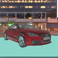 Red Audi Sports Car Parked On Urban Street With Tall Buildings And Evening Lights