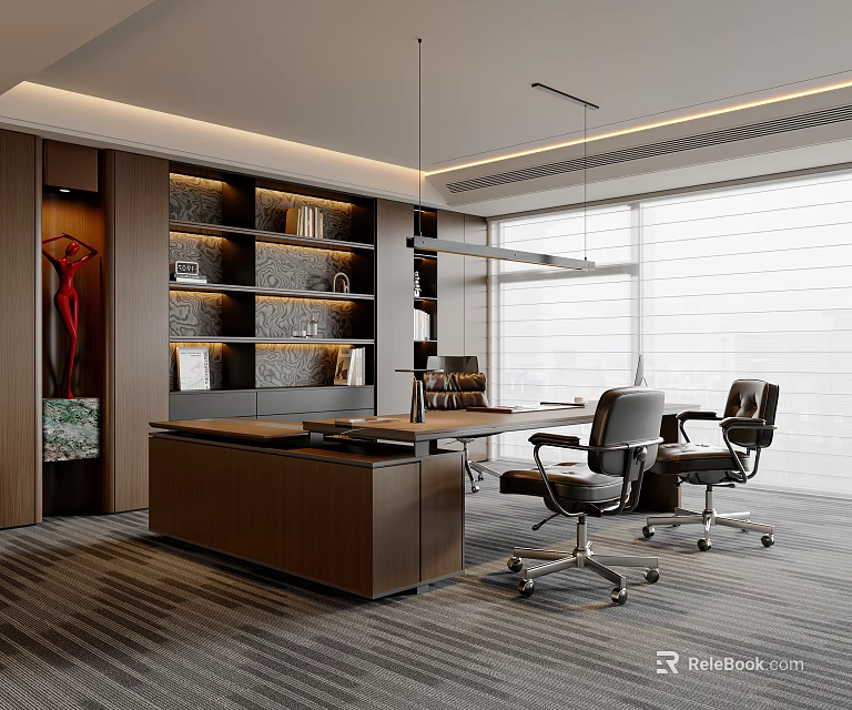 Modern Office Interior With Wooden Desk Black Chairs Bookshelves And Large Windows 3d model 