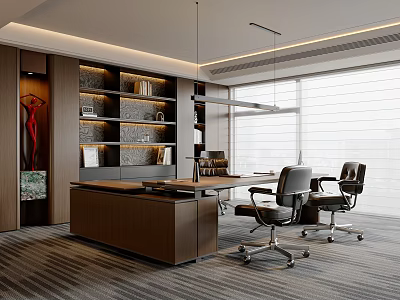 Modern Office Interior With Wooden Desk Black Chairs Bookshelves And Large Windows 3d model