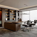 Modern Office Interior With Wooden Desk Black Chairs Bookshelves And Large Windows