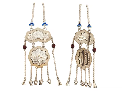 Traditional Silver Jewelry With Cloud Shaped Design Blue Red Beads Tassels And Small Bells 3d model