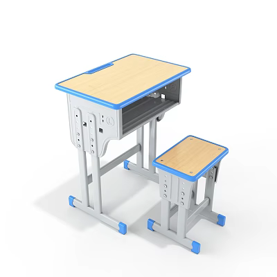 School Student Desk And Chair Set With Wooden Top Blue Frame Grey Legs And Wheels 3d model