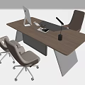 Modern Office Desk With Wooden Top Metal Frame Computer Monitor Tablet Notebook And Wheeled Chairs