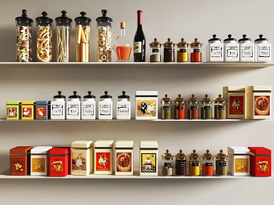 Decorative Ornament Set with Glass Bottles Jars and Spice Containers on Shelves 3d model