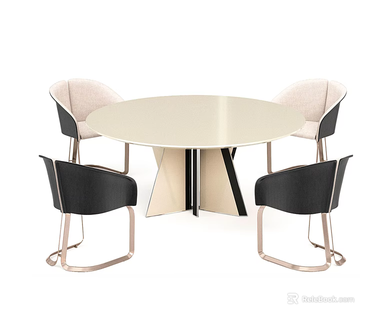 Modern Dining Table Set With Round Beige Tabletop Black And Beige Chairs Metal Legs 3d model 
