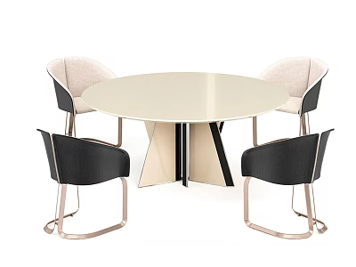 Modern Dining Table Set With Round Beige Tabletop Black And Beige Chairs Metal Legs 3d model