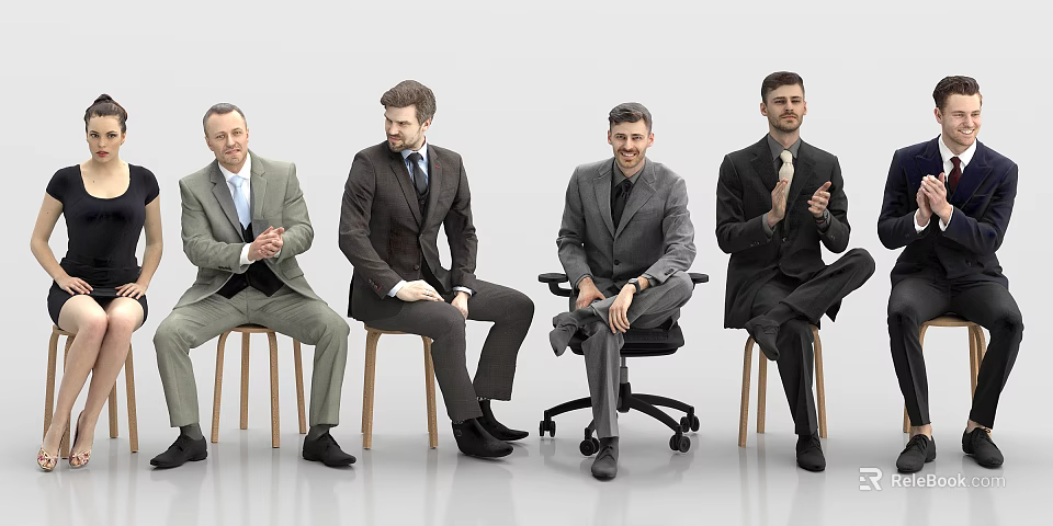 Four Professional Businessmen In Formal Suits Seated On Chairs With One Holding Microphone 3d model 