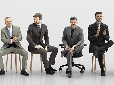 Four Professional Businessmen In Formal Suits Seated On Chairs With One Holding Microphone 3d model
