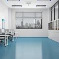 Storage Room with Red Shelves Black Boxes Blue Floor and Yellow Warning Tape