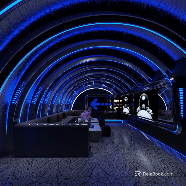 Modern KTV Interior With Blue LED Lights Comfortable Sofa And Large Entertainment Screen 3d model 