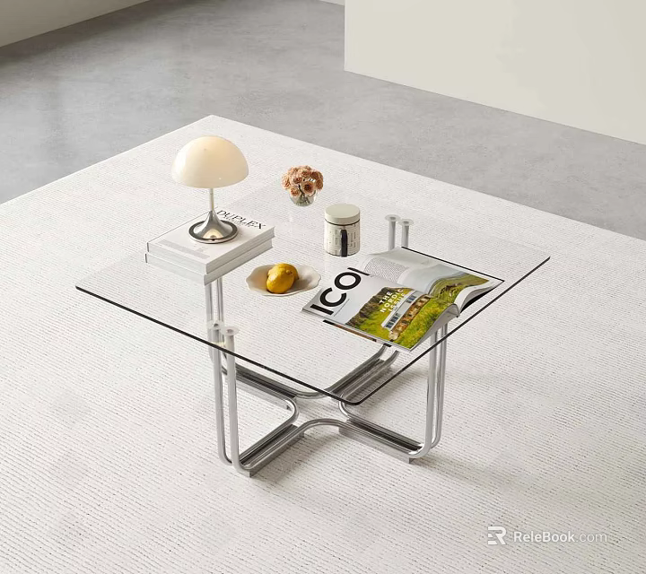 Modern Glass Coffee Table With White Lamp ECO Magazine And Metal Frame 3d model 
