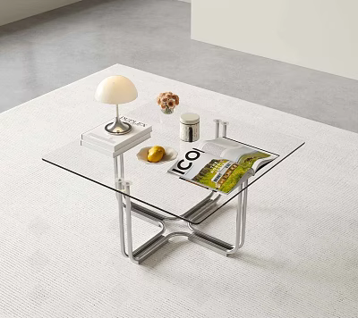 Modern Glass Coffee Table With White Lamp ECO Magazine And Metal Frame 3d model