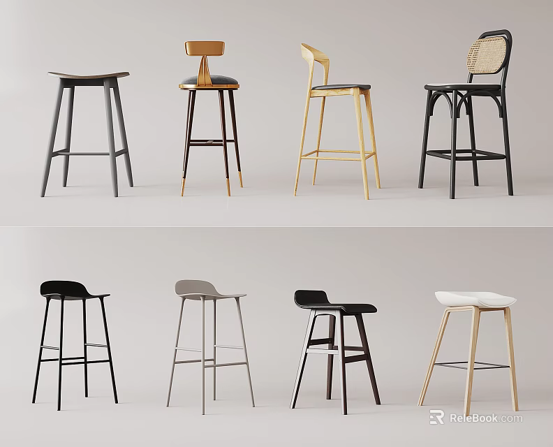 Stylish Bar Stools with Wooden Metal Frames in Black Gold White Gray for Modern Kitchen 3d model 