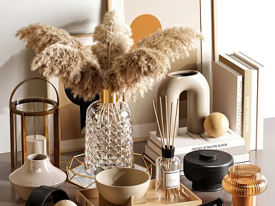 Modern Decorative Ornament Set With Pampas Grass Crystal Vase Reed Diffuser Candle And Neutral Tones 3d model