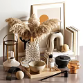 Modern Decorative Ornament Set With Pampas Grass Crystal Vase Reed Diffuser Candle And Neutral Tones
