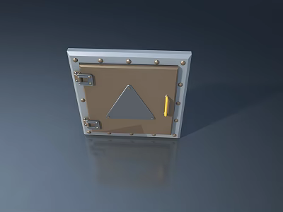 Brown Hinged Door With Metal Frame Rivets Triangle Sign And Gold Handle Industrial Design 3d model