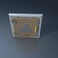 Brown Hinged Door With Metal Frame Rivets Triangle Sign And Gold Handle Industrial Design