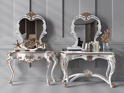 Ornate White And Gold Dressing Tables With Carved Details And Decorative Items 3d model