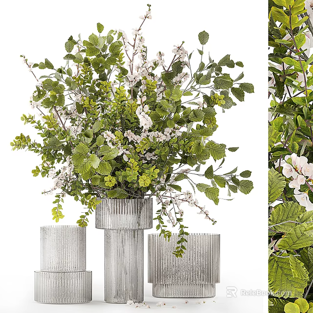 Elegant Silver Vase With Fresh White Blooms And Lush Green Leaves 3d model 