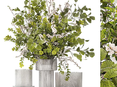 Elegant Silver Vase With Fresh White Blooms And Lush Green Leaves 3d model