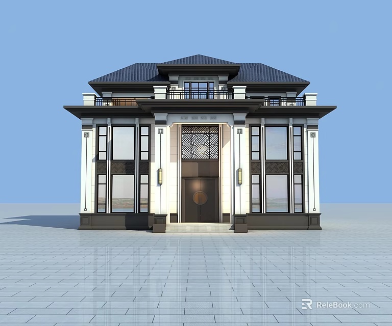 Chinese Style Single Family Villa With Black Roof White Walls And Symmetrical Design 3d model 
