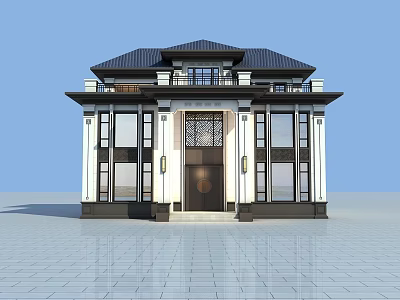 Chinese Style Single Family Villa With Black Roof White Walls And Symmetrical Design 3d model