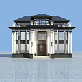 Chinese Style Single Family Villa With Black Roof White Walls And Symmetrical Design