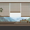 Natural Bamboo Blinds in Cozy Room with Mountain View and Wooden Tea Table