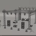 Stage Equipment Setup With Metal Truss Lighting Sound Speakers And Microphone Stands