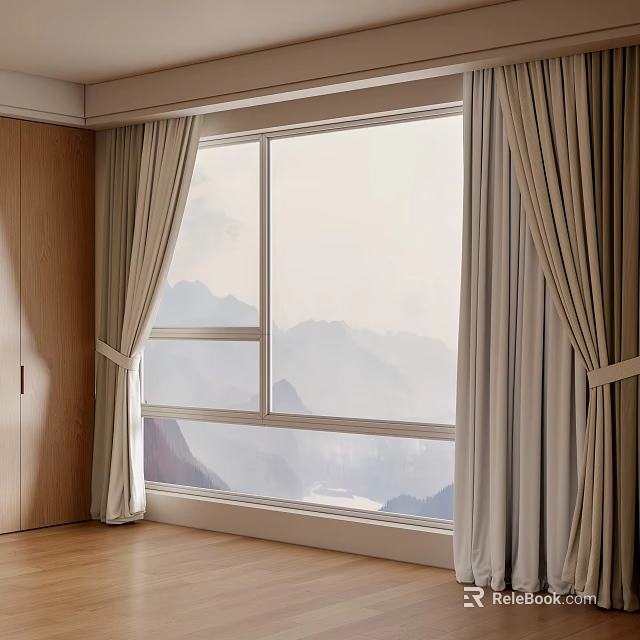 Light Beige Curtains Draped Open By Large Window With Mountain View And Wooden Cabinets 3d model 