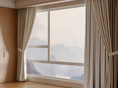 Light Beige Curtains Draped Open By Large Window With Mountain View And Wooden Cabinets 3d model