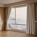 Light Beige Curtains Draped Open By Large Window With Mountain View And Wooden Cabinets