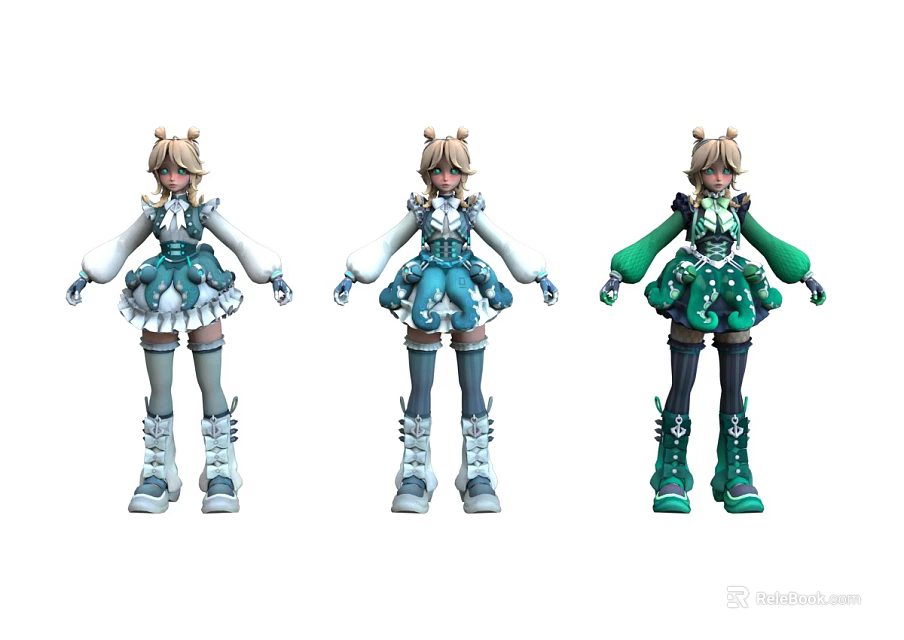 Three Women Anime Figure Display in Different Colored Outfits with Twin Tails and Long Boots 3d model 