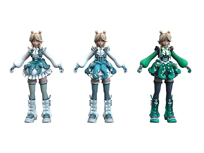 Three Women Anime Figure Display in Different Colored Outfits with Twin Tails and Long Boots 3d model