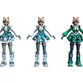 Three Women Anime Figure Display in Different Colored Outfits with Twin Tails and Long Boots