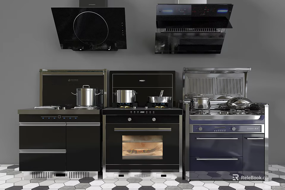 Modern Kitchen Featuring Range Hoods Stove Oven And Cabinet Appliances 3d model 
