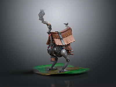 Mechanical Creature Character With Small Wooden House Bird Figure On Green Grass Base 3d model