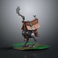 Mechanical Creature Character With Small Wooden House Bird Figure On Green Grass Base