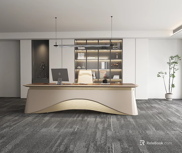 Modern Office Interior Design With Wooden Desk Bookshelf Pendant Lights And Green Plant 3d model 