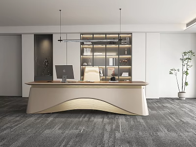 Modern Office Interior Design With Wooden Desk Bookshelf Pendant Lights And Green Plant 3d model