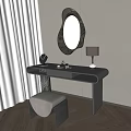 Modern Dark Wooden Dressing Table With Oval Mirror Table Lamp And Stool 3d model