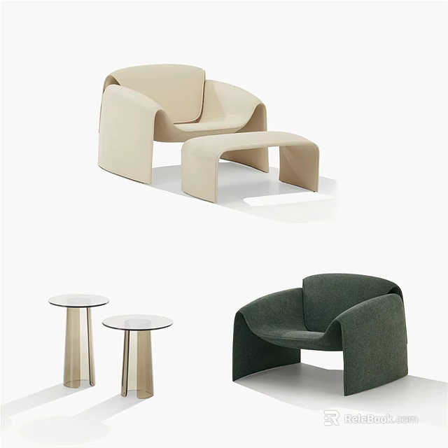 Modern Upholstered Accent Chairs In Beige And Green With Metal Side Tables 3d model 