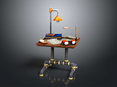 Children's Wooden Desk With Metal Pipe Legs Lamp Books Pencil Case And Two Toy Cars 3d model
